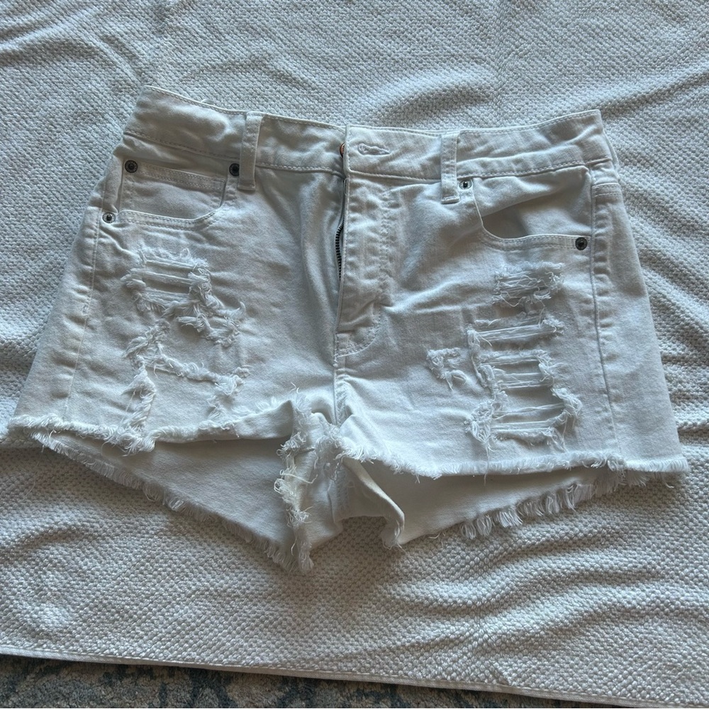 American Eagle Hi-Rise Shortie Distressed White Denim Shorts Size 10